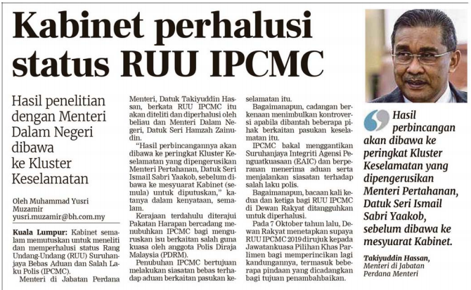Kabinet perhalusi status RUU IPCMC